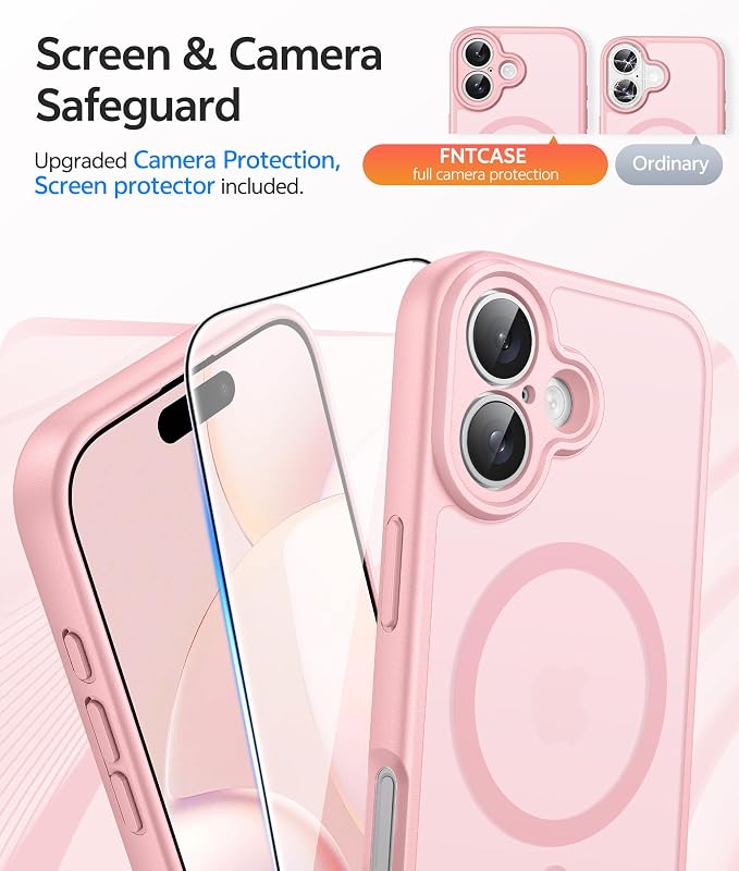 FNTCASE for iPhone 16 Case, Fit for Magsafe, Screen Protector, Light Pink | Full Camera Protection, Translucent Matte, 14FT Military Grade Drop Proof, Shockproof Protective Phone Cover - Image 4