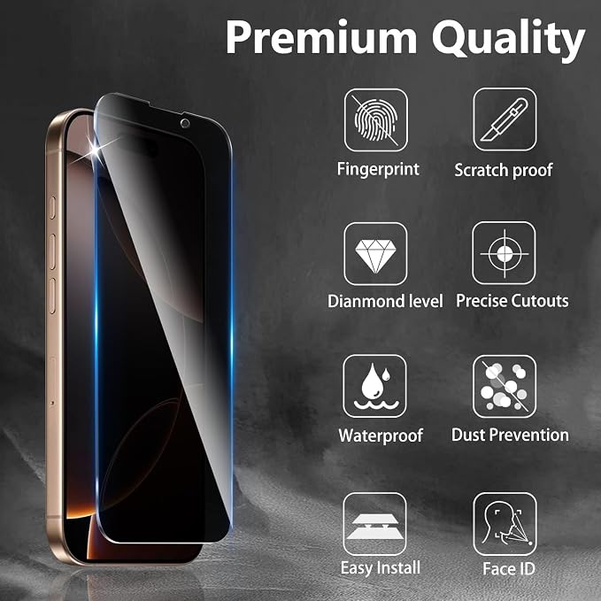 3 Pack Privacy Screen Protector Designed for iPhone 16 Pro Max/17 Pro Max,Full Coverage Anti-Spy Tempered Glass Film,9H Hardness,Anti-Fingerprint,Bubble Free,Easy to Install - Image 3