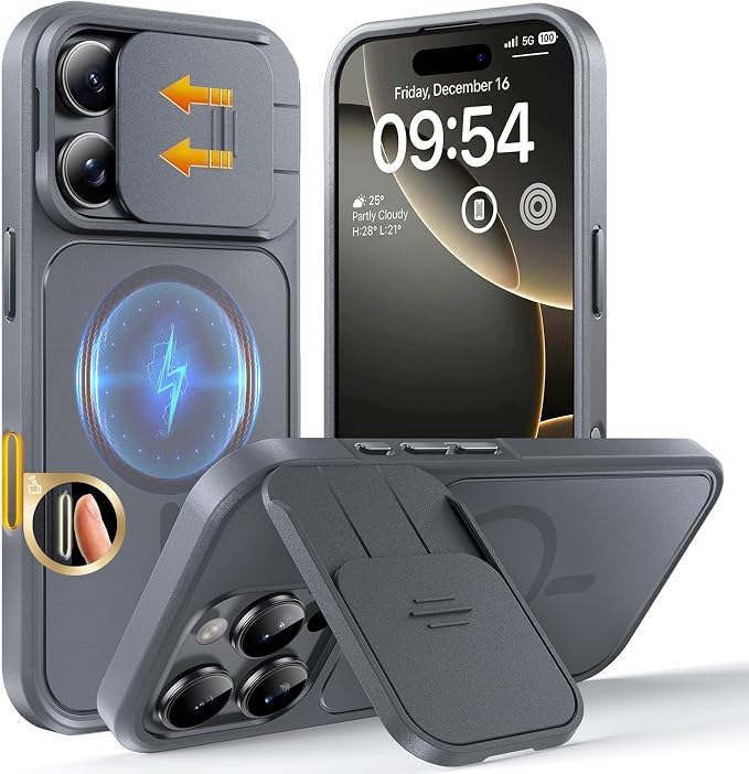 TOCOL for iPhone 16 Pro Max Case with Slide Camera Cover, Kickstand and Camera Control Button, Fit for MagSafe, Rugged Solid Phone Case, Non-Slip, Drop Protection, Gray by TOCOL