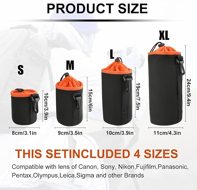 4Pcs Camera Lens Case Bag,4 Size Orange Water Resistant Protective Lens Pouch Set With Adjustable Drawstring Rotating Clamp,Replacement Compatible Thick Protective Neoprene for Canon,Nikon,Sony,Pentax - Image 2