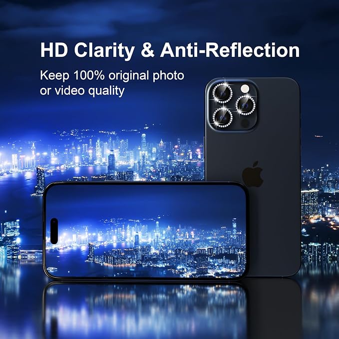 Misea Compatible for iPhone 15 Pro/iPhone 15 Pro Max Camera Lens Protector | 9H Tempered Glass Ultra HD Bling Camera Screen Protector Cover Metal Individual Ring Accessories, Deep Blue Diamond - Image 4