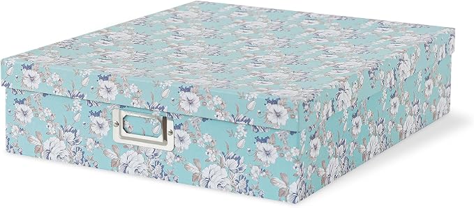 Soul & Lane - Floral Photo Storage Box, 14.8x13x3.7 In, Blue Cottage | Large Scrapbook Keepsake Memory Organizer with Lid, Decorative Cardboard Storage for Photos, Letters, Albums and Papers by SoulLane