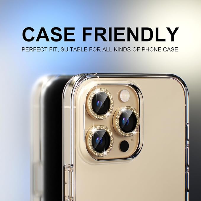 Choiche for iPhone 13 Pro/iPhone 13 Pro Max Camera Lens Protector | Ultra HD, Bling 9H Tempered Glass Camera Cover Screen Protector Metal Ring Decoration Accessories (Glitter-Gold) - Image 4