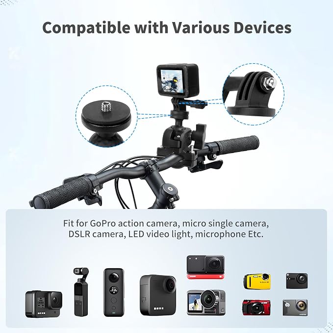 Bike Motorcycle Camera Mount Bundle Kit, 1/4 Screw & Tripod Mount Adapter, 360°Rotating Ball Head Base -Ballhead Arm Super Mounting Clamp for Most Action Camera, Clamp(0.86"-1.26“) 75016 - Image 5