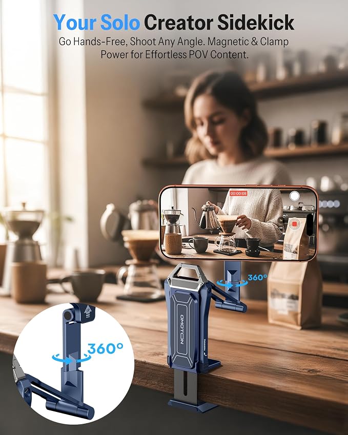 OMOTON TP02-Pro Magnetic Phone Holder, 5-in-1 Tripod Stand with Rear Attachment Plate | Desk, Kitchen, Gym, Vlogging | iPhone 12-17 Series, Blue - Image 3