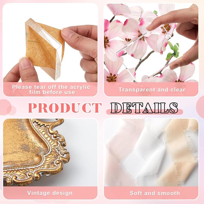 Cinnvoice 8 Pcs Flat Lay Photography Props Set for Jewelry & Wedding Details, Vintage Jewelry Tray, Acrylic Display Blocks, Chiffon Silk Ribbon for Bridal Party Decor Gift(2 Square 2 Round Bases) - Image 5