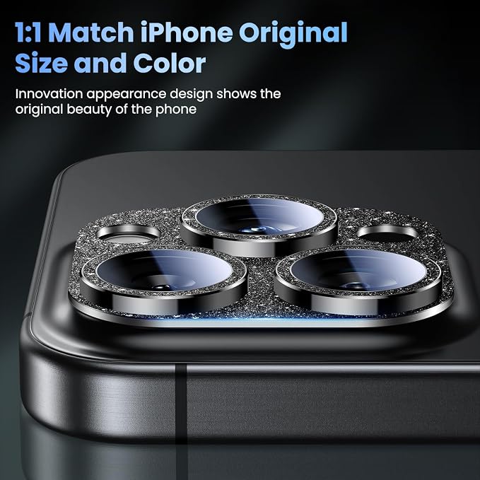 Uyiton for iPhone 16 Pro/iPhone 16 Pro Max Camera Lens Protector | Not Easy to Break, Strong Adsorption, Case-Friendly, Metal 9H Sapphire Glass Rear Camera Screen Cover, Glitter Black - Image 6