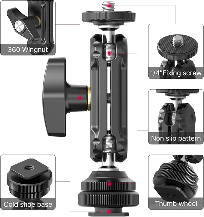R098 Cold Shoe Monitor Mount, 1/4" Rotatable Dual Ballhead Hot Shoe Mount | Microphone Fill Light Camera Monitor Swivel Bracket Compatible with DJI OSMO 360/Pocket 3/Pocket 4/Insta 360 x 5/Sony/Canon - Image 6