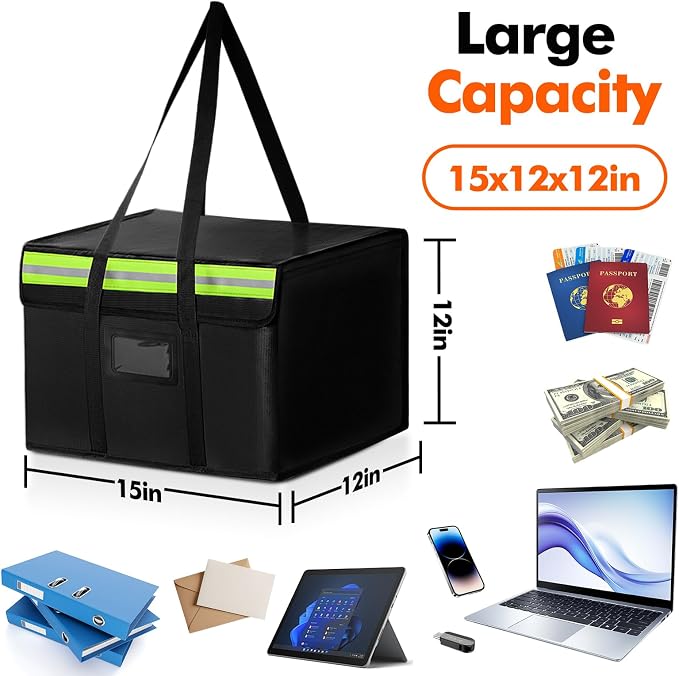 Large Fireproof Document Bag for Home Safe Storage, 15 x 12 x 12in, Black | 2000°F Fireproof document box, 4-layer fiberglass important document storage for photo, file and cash with reflective strip - Image 2