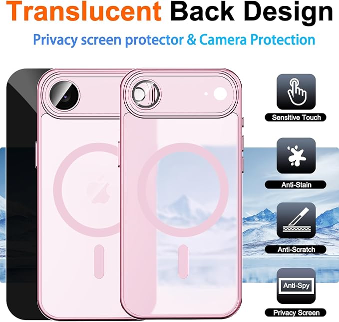 for iPhone Air Case with Privacy Screen Protector, Pink | Full Camera Protector, Magnetic, Compatible with MagSafe, Translucent Matte Phone Cover for iPhone 17 Air Case Women Girls - Image 2