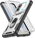 Gritup Fit for Samsung Galaxy S25 Edge Case with Slide Camera Cover | 2 Pcs Screen Protector, Build in 360° Rotating Ring Kickstand, Military Grade Protective Phone Case, White+Black by Gritup