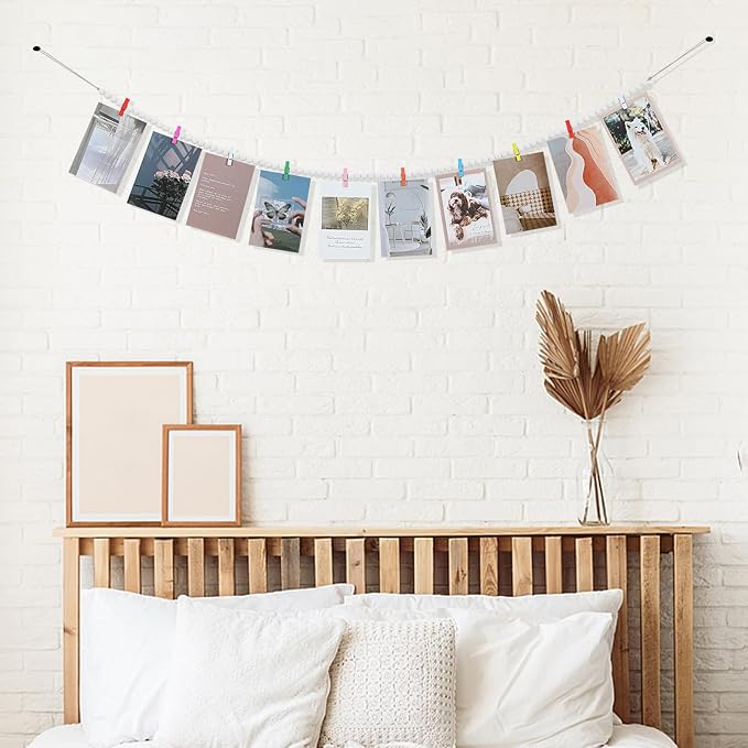KLOGTSIND Hanging Photo Display with Clips, Wood Bead Garland Wall Decor | Photo String Banner with 10 Clips for Bedroom Room Dorm Cubicle, Picture Cards Artwork Display, Christmas Teen Girls Gifts - Image 2