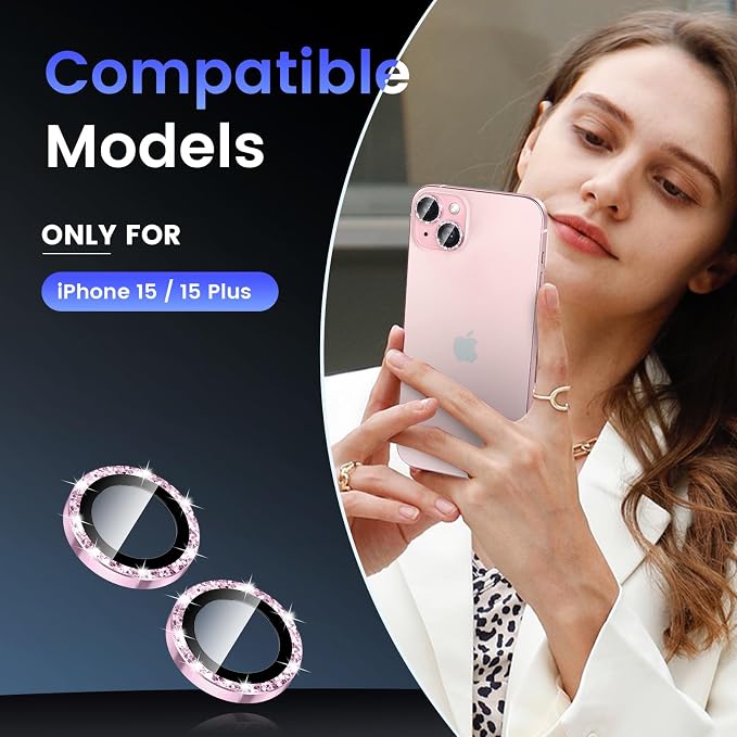 Tensea for iPhone 15/15 Plus Camera Lens Protector Bling, Camera Cover | 9H Tempered Glass Camera Screen Protector, Metal Individual Ring for iPhone15 6.1inch/ 15Plus 6.7inch, HD Clear, Easy Install - Image 2