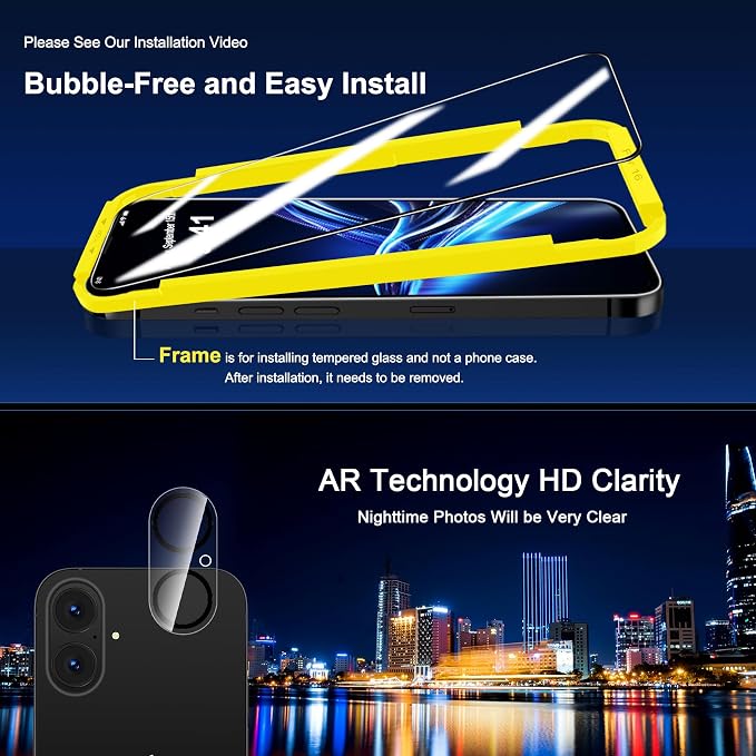 QHOHQ iPhone 16 Screen Protector + Camera Lens Protector, 3+3 Pack | Military Grade Shatterproof, Top 9H+ Tempered Glass, Full Edge Coverage, Bubble-Free, Ultra Durable, Easy Installation Tool - Image 7
