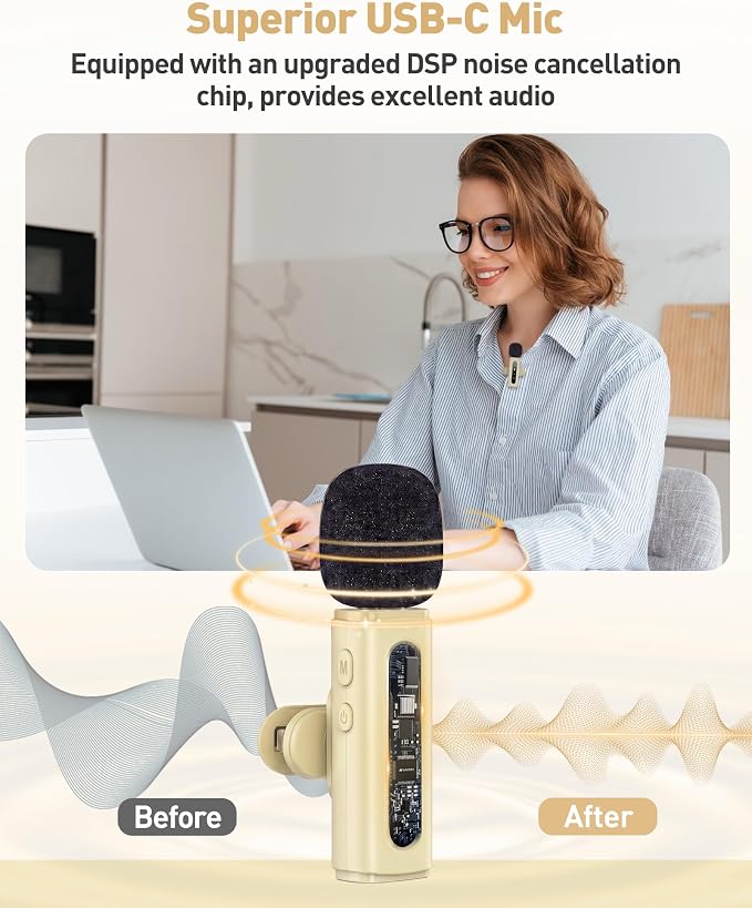 USB C Lavalier Microphone Wireless Mini Mic for Type-C Android Phone/Tablet/PC Video Recording Clip-on Mics with Rotatable Clip&Denoise Recording, Ideal for Vlog Tiktok Youtube Content Creator, Beige - Image 3