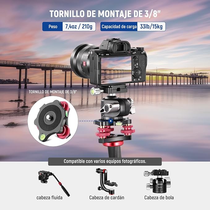 NEEWER Tripod Head Leveling Base Camera Leveler 3 Axis Tri Wheel Head, LP64 | Aircraft Grade Aluminum Alloy, 3/8" Thread, -5° Precise Angle Adjustment, for Macro Panoramic Photography - Image 4