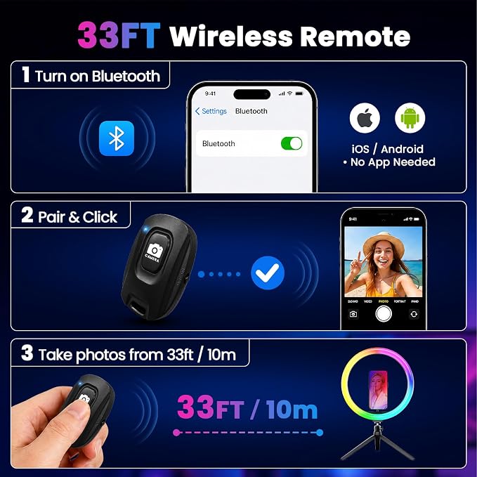 12" Selfie Ring Light with 73" Extendable Tripod Stand and Phone Holder, 38 Color Modes Dimmable RGB Ring Light,3-in-1 Desk & Floor Use for iPhone, Makeup, TikTok, YouTube, Live Streaming - Image 8