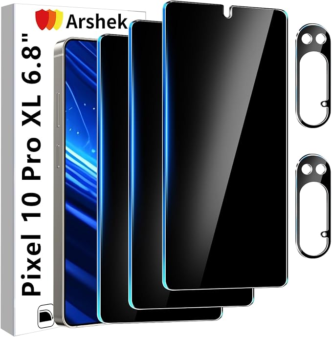 3 Pack Privacy Screen Protector for Google Pixel 10 Pro XL Tempered Glass + 2 Pack Camera Lens Protector, True 25°Anti Spy, 9H+ Hardness, Fingerprint Unlock, Case Friendly Bubble-Free 6.8 Inch by Arshek