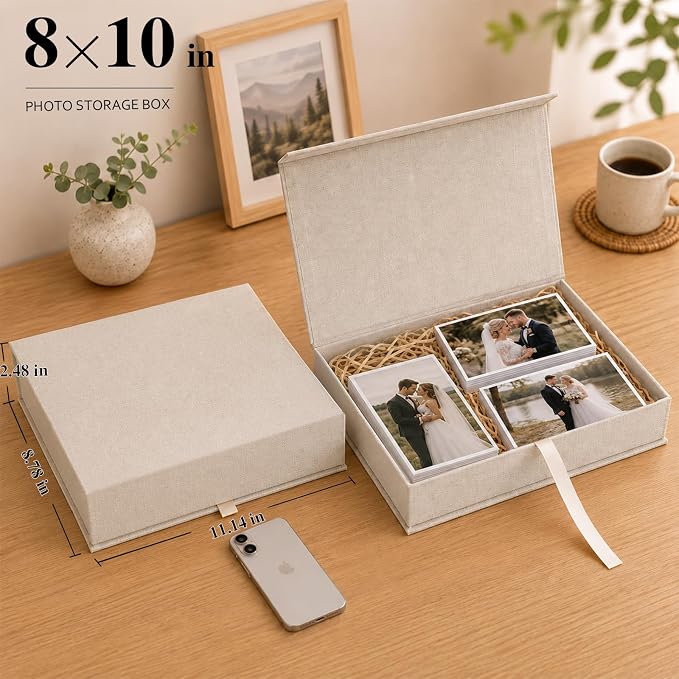 Vienrose Linen Photo Storage Box, 8"x10", Postcard Keeper, Beige | 1Pc Sturdy Linen Cover Box for Photos, Postcards & Decorative Paper Storage, Perfect for Home, Office, Craft Room, and Travel - Image 2