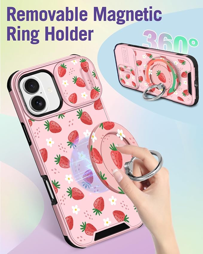 Buleens for iPhone 17 Case 6.3 Inch - with Ring Stand & Camera Cover Aesthetic Cute Designed for Women Girls Pretty Girly Kawaii Strawberry Teens Phone Case for iPhone 17 Compatible with Magsafe - Image 5