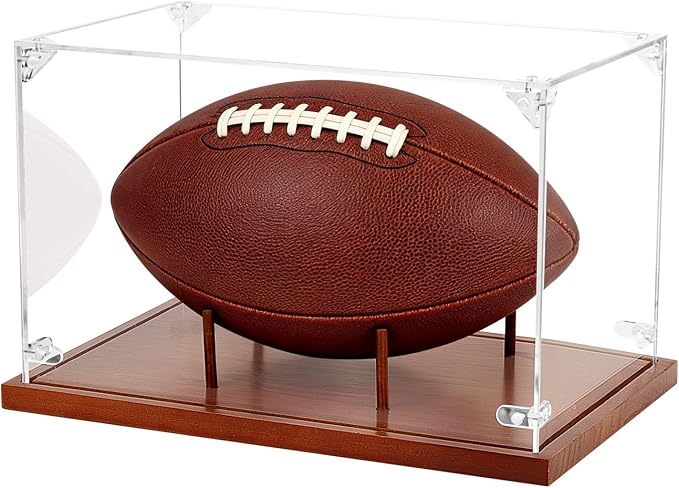 Clear Acrylic Football Display Case with Wood Base & Tee, Memorabilia Stand Cube Holder, Dust Protection Transparent Storage Box for Single Ball Souvenir Football Collections by Hxezoc