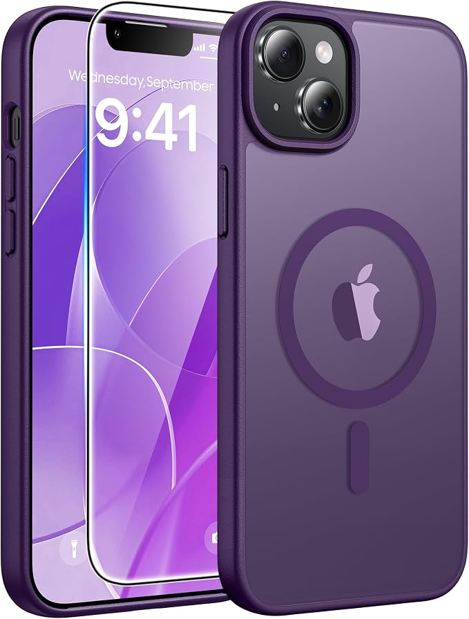 FNTCASE for iPhone 15/14 Plus Case, Fit for Magsafe, Screen Protector | Translucent Matte Magnetic Back, 14FT Military Grade Drop Protection, Shockproof Protective Phone Cover, Purple by FNTCASE