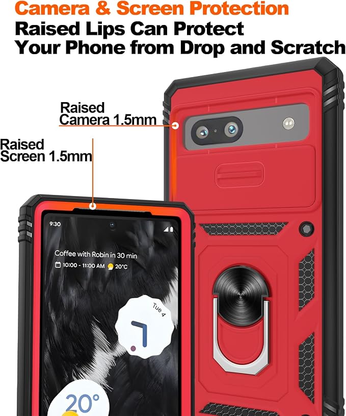 Gritup Phone Case for Google Pixel 7A Case with Slide Camera Cover | 2 Pack Screen Protector, Build in 360° Rotating Ring Kickstand, Military Grade Shockproof Protective Red+Black - Image 5