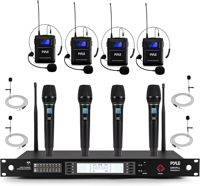 Pyle 8 Channel UHF Wireless Microphone System with 4 Handheld, 4 Lavalier & 4 Headset Microphones, 300 Ft Range & Rack Mount Receiver for Church, Conferences & Live Events by PyleUSA