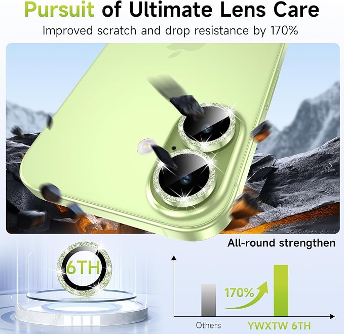 YWXTW Camera Lens Protector for iPhone 17, Individual Bling Glitter Metal Ring Tempered Glass Camera Screen Protector for iPhone 17 Accessories, Case Friendly (Glitter Green) - Image 3