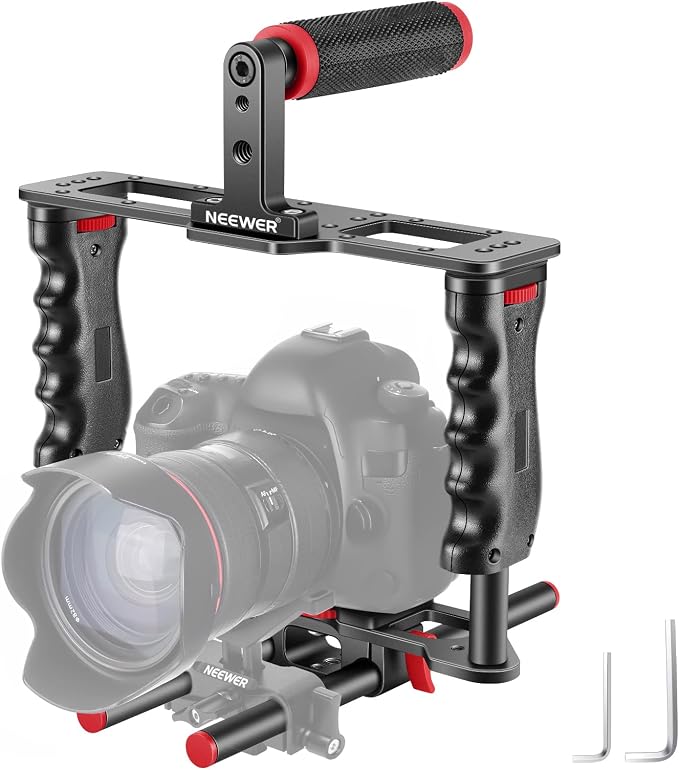 NEEWER Camera Video Cage Film Movie Making Kit, Aluminum Alloy with Top Handle, Dual Hand Grip, Two 15mm Rods, Compatible with Canon Sony Fujifilm Nikon DSLR Camera and Camcorder (Black + Red) by Neewer