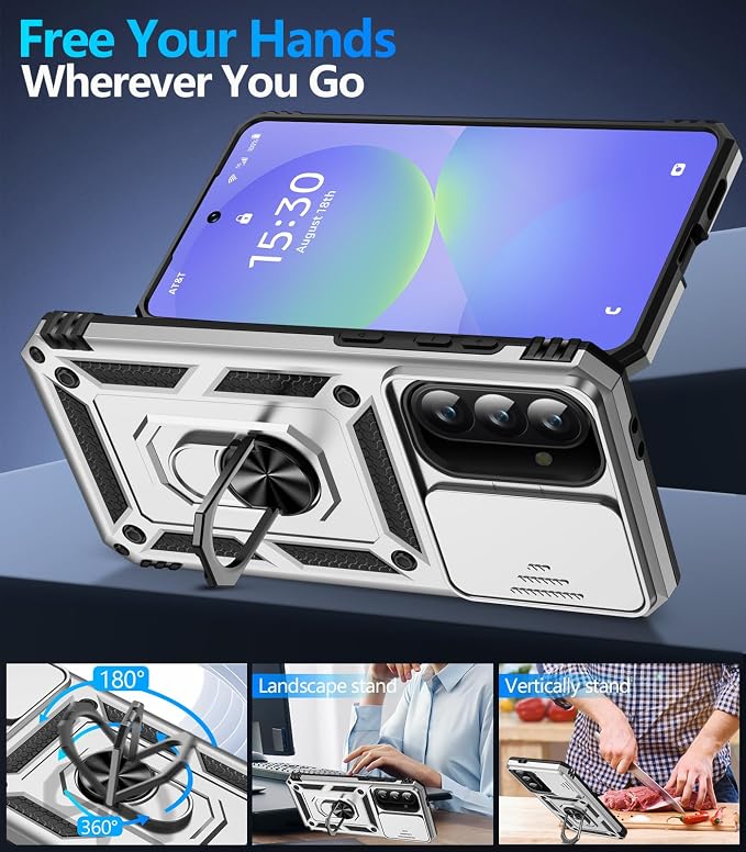 Taisairu for Samsung Galaxy A37 Case/A36 Case with Screen Protector & Slide Camera Lens Cover, Built-in Ring Stand Shockproof Protective Case for Samsung A37 5G Case/Samsung A36 5G Case (Silver) - Image 3
