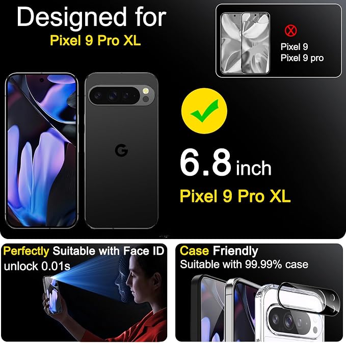 Ferilinso Screen Protector for Google Pixel 9 Pro XL, Tempered Glass Back | 3 Pack, 9H+ Hardness, Military-Grade Shatterproof, Case Friendly, Easy Installation Bubble Free, with Camera Lens Protectors - Image 2