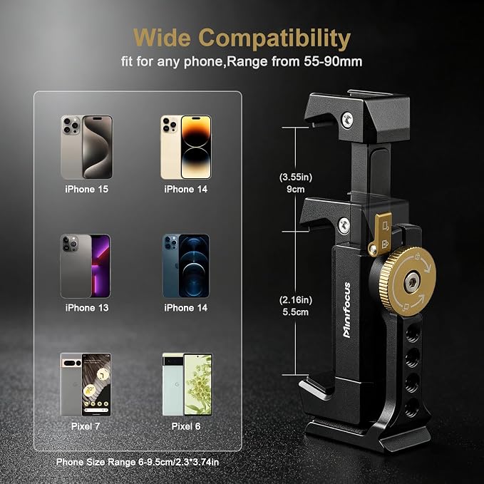 Minifocus Metal Phone Tripod Mount | 1/4" Threads with Cold Shoe|360° Rotatable Phone Clamp|Compatible with sellphone for Selfie Stick|Tripod|Streaming - Image 7