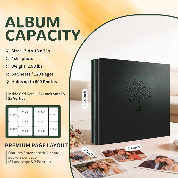 Photo Album 4x6 600 Pockets Slip In Extra Large Capacity | PU Leather Cover Picture Album Holds Horizontal & Vertical Photos for Family Wedding Baby Anniversary Christmas Gift - Image 2