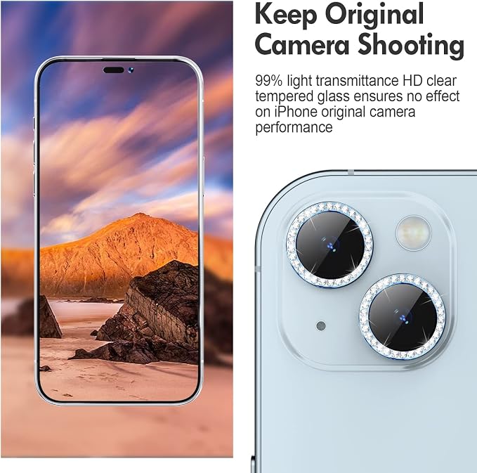 for iPhone 14/14 Plus Camera Lens Protector Bling Diamond, Blue | Individual Metal, 9H Hardness, Scratch Resistant, Shockproof, Drop Protection, Case Friendly, Stylish Accessories - Image 4