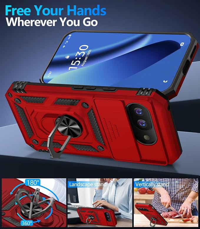 Taisairu for Google Pixel 10A Case with Screen Protector & Slide Camera Lens Cover,Built-in 360°Rotate Magnetic Ring Stand Shockproof Protective Phone Case for Google Pixel 10A Case (Red) - Image 3
