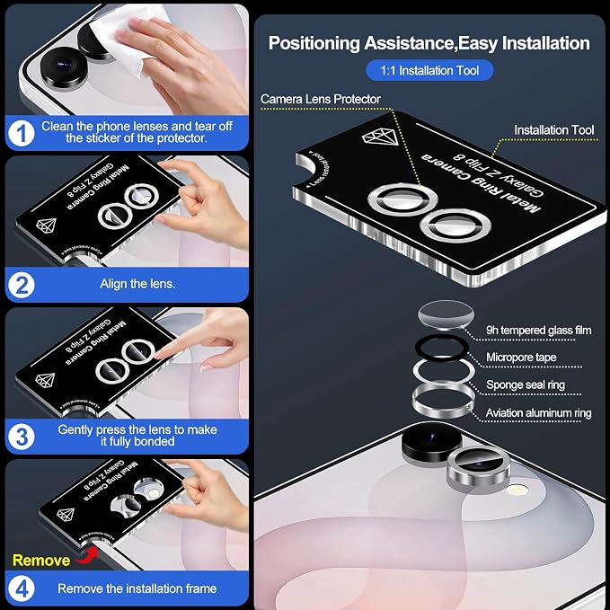 for Samsung Galaxy Z Flip 8 Camera Lens Protector, Individual Metal Ring Tempered Glass Lens Cover, [Strong Adsorption] Scratch Resistant Ultra-Thin HD Clear Lens Cover, 1 Set-Silvery - Image 7