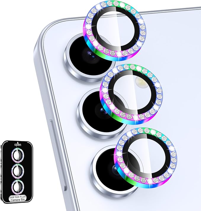 for Samsung Galaxy S24 Plus Camera Lens Protector, Individual Metal Ring Tempered Glass Lens Cover, [Strong Adsorption] Scratch Resistant Ultra-Thin HD Clear Lens Cover, 1 Set-Colorful Diamond by Btscase
