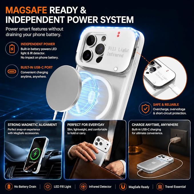 tesha Selfie Light Case for iPhone 16 Pro Max, MagSafe, Camera Detector | 2-Level LED Brightness, IR Hidden Camera Scanner, Drop Protection, Rechargeable Light Up Cover, No APP Needed for Video Vlog - Image 4
