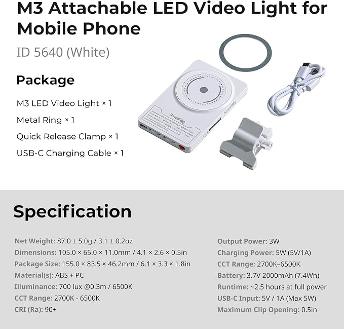 SmallRig M3 Magnetic Selfie Phone Light with Clip, Portable Light | 2000mAh, 120 LEDs, 2700K-6500K, for Content Creators Video Recording, for iPhone/Laptop/Camera/Webcam (White) - 5640 - Image 9