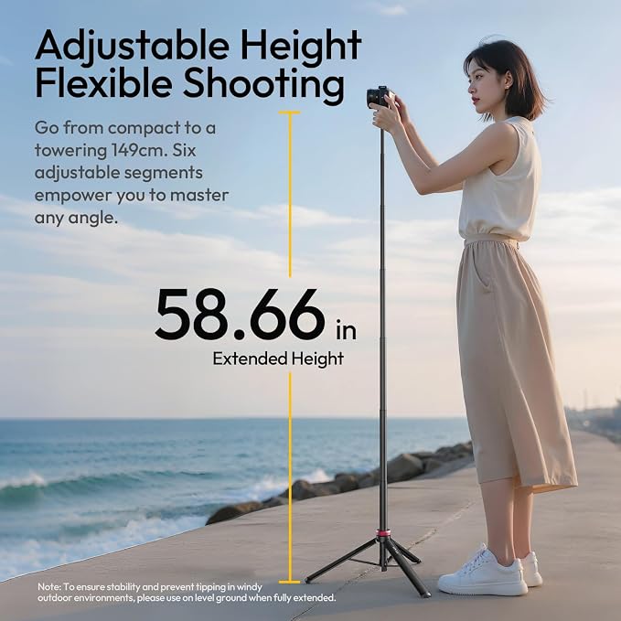 ULANZI MT44 Auto Open Phone Tripod, 59" Extendable Selfie Stick for iPhone | 360° Ball Head, 1s Pop Open , Cold Shoe, Selfie Stick Tripod w 1/4" Screw for Vlog Recording for iPhone 17 Luna Pocket 4 - Image 6