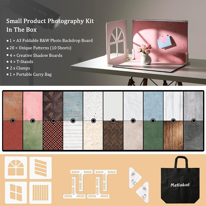 Product & Food Photography Backdrop Kit, 10 Sheets, 20 Patterns | 4 Shadow Boards, Double-Sided Waterproof Matte Paper, T-Stands, Clamps and Carry Bag for Jewelry, Cosmetics and Ugc Shoots - Image 2