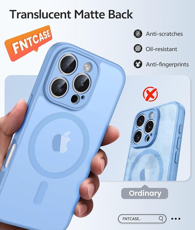 FNTCASE for iPhone 16 Pro Max Case, Fit for Magsafe, Glass Screen Protector | Full Camera Protection, Translucent Matte, 14FT Military Grade Drop Proof, Shockproof Protective Phone Cover, Light Blue - Image 6