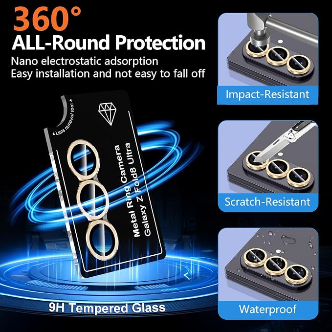 for Samsung Galaxy Z Fold 8 Ultra Camera Lens Protector, Individual Metal Ring Tempered Glass Lens Cover, [Strong Adsorption] Scratch Resistant Ultra-Thin HD Clear Lens Cover, 1 Set-Gold - Image 2