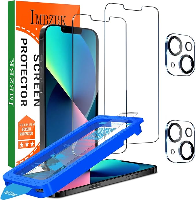 IMBZBK for iPhone 13 Screen Protector, 9H+ Tempered Glass, 2+2 Pack | 9H+ Hardness, Military Grade Shatterproof, Case Friendly, Bubble Free Auto-Dust Removal, with 2 Camera Lens Protectors by IMBZBK