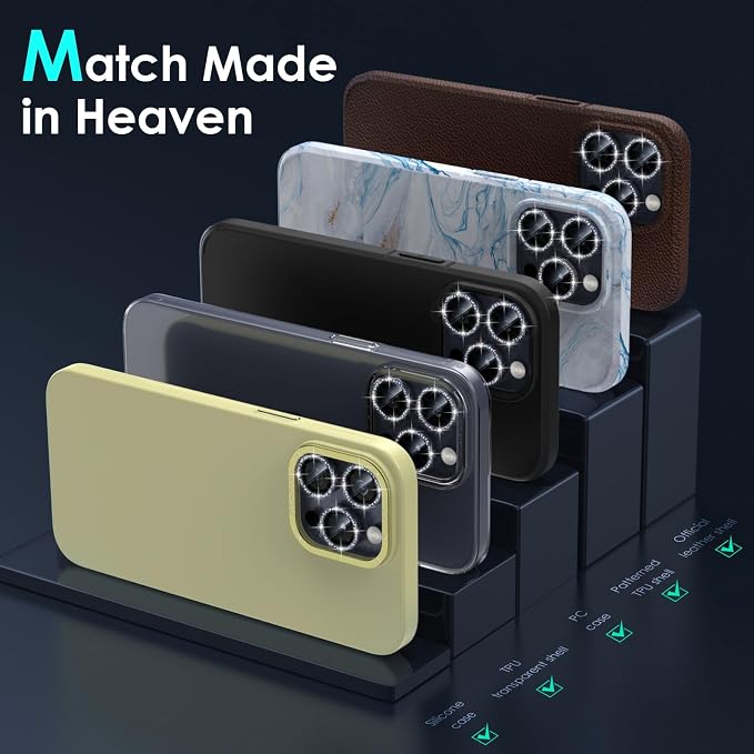 YWXTW Designed for iPhone 15 Pro/iPhone 15 Pro Max Camera Lens Protector Bling, [New Glitter Design] Individual Metal Tempered Glass Camera Cover Accessories Case Friendly (Blue Titanium Glitter) - Image 6