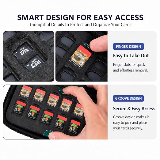 Game Card Case for Nintendo Switch, 72 Games and 144 MicroSD Cards, Black | Hard EVA Memory Card Organizer with Removable EVA-PVC Trays, Fitted Slots and Finger Grooves for Easier Browsing - Image 6