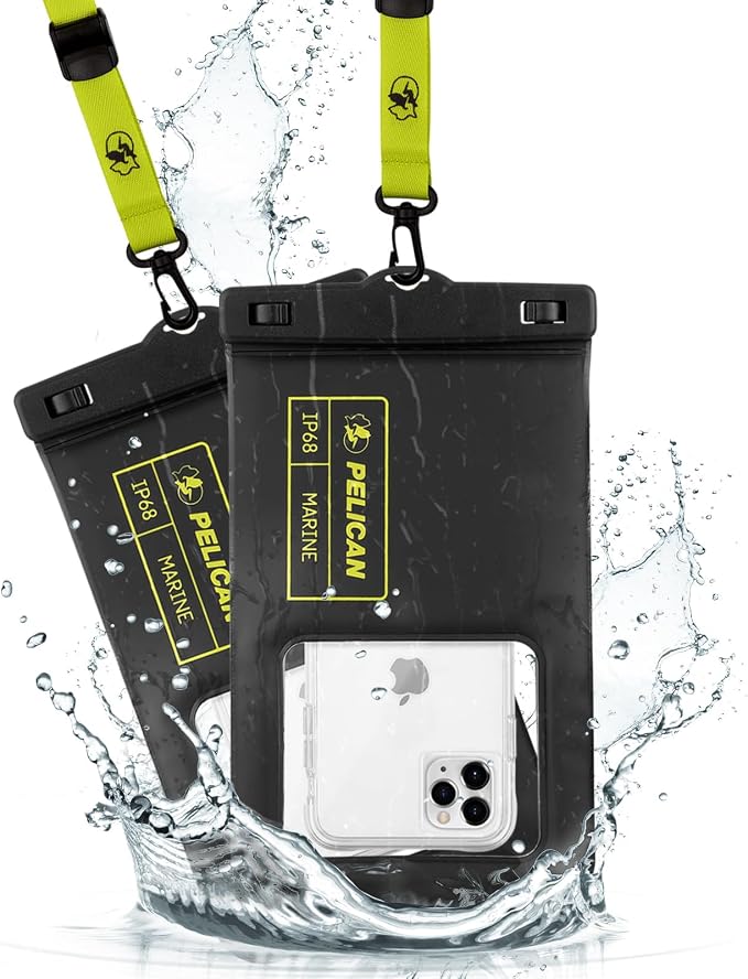 Pelican 2 Pack Marine Waterproof Phone Pouch (XL) - Black/Hi-Vis Yellow | Touchscreen IP68 Floating Waterproof Phone Case w/Detachable Lanyard - Fits All Phones - Beach Cruise Ship Travel Essentials by Pelican
