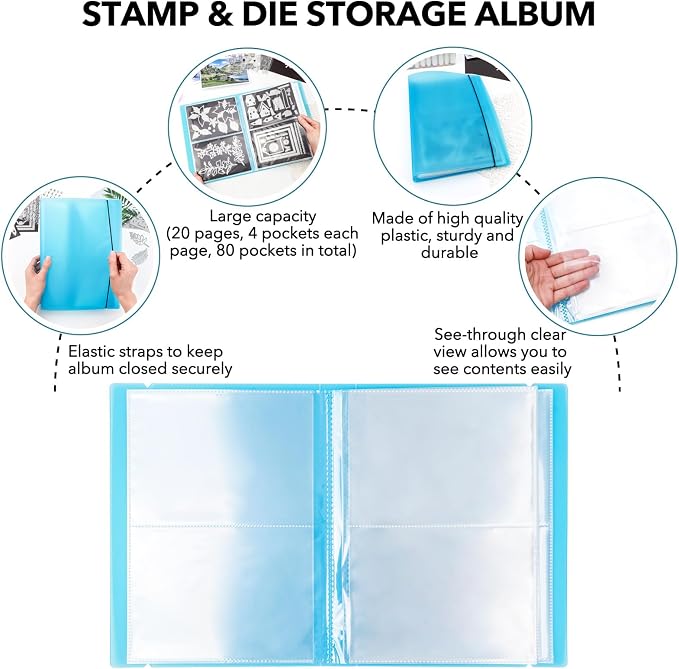 2 Pack Large Sticker Photo Storage Album, Stamp & Cutting Dies Storage Book Organizer Folder for Cards Storage DIY Scrapbooking Card Making Supplies 20 Pages 80 Pockets/Pack (Clear + Blue) - Image 5