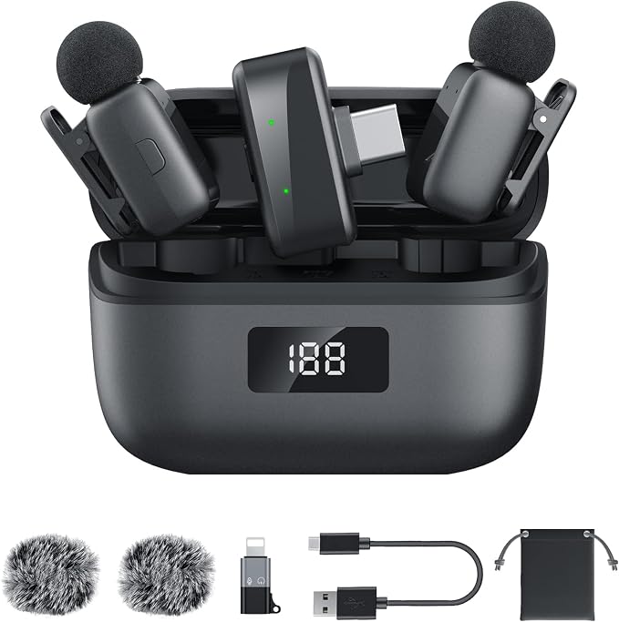 Wireless Lavalier Microphone for iPhone Android, Plug & Play Clip-On Mini Mic with Noise Cancellation, 2.4GHz Wireless Recording, Charging Case, for TikTok YouTube Live Streaming Interview by Unknown